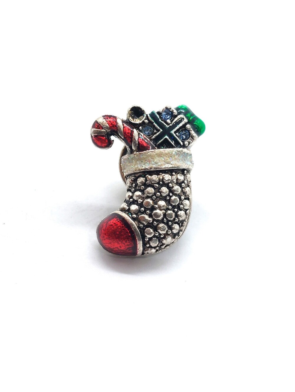 Vintage Christmas Stocking Pin Candy Cane Gift Holiday Enamel Rhinestones